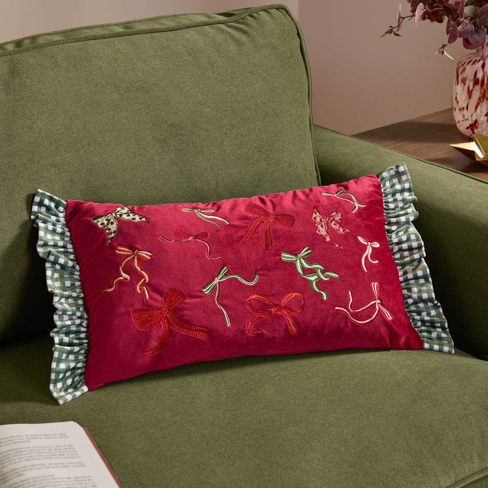 Ditsy Bows Velvet Cushion Red/Green
