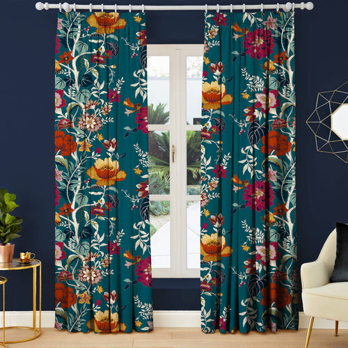 Floral Blue M2M - Dusk Bloom Teal Floral Made to Measure Curtains Paoletti