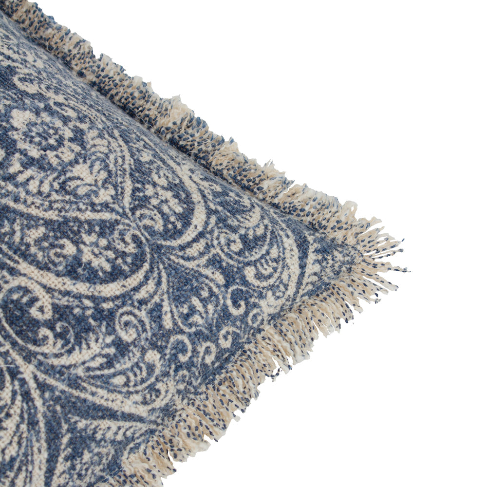 Durelle Damask Fringed Cushion Delph Blue
