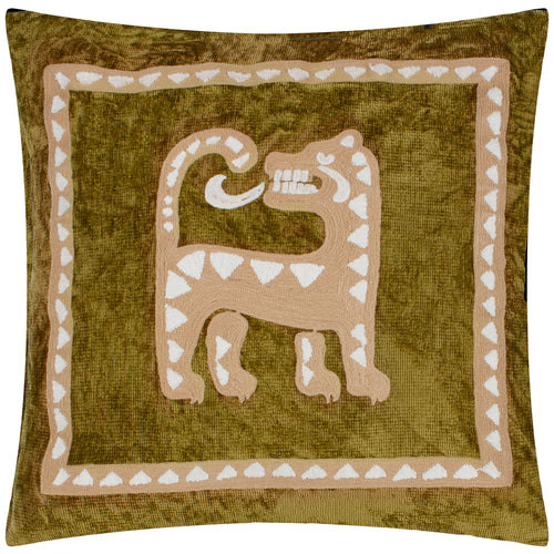 Animal Green Cushions - Dynasty Tiger Embroidered Chenille Cushion Cover Amber Green Wylder