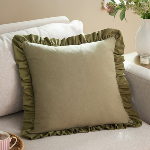 Plain Green Cushions - Effie 100% Cotton Ruffle Cushion Cover Sage/Green Wylder