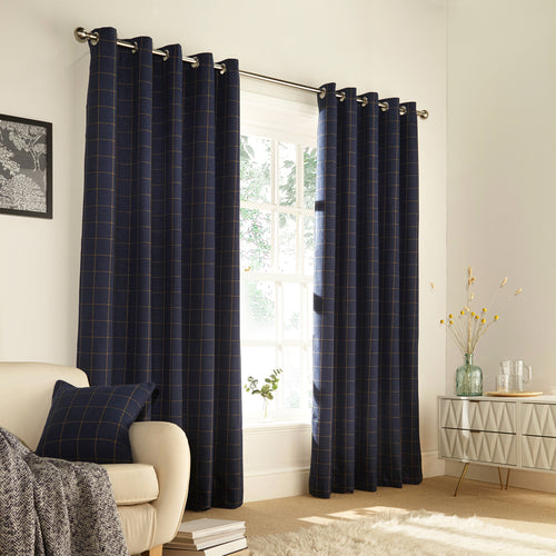 Check Blue Curtains - Ellis Windowpane Check Eyelet Curtains Navy furn.
