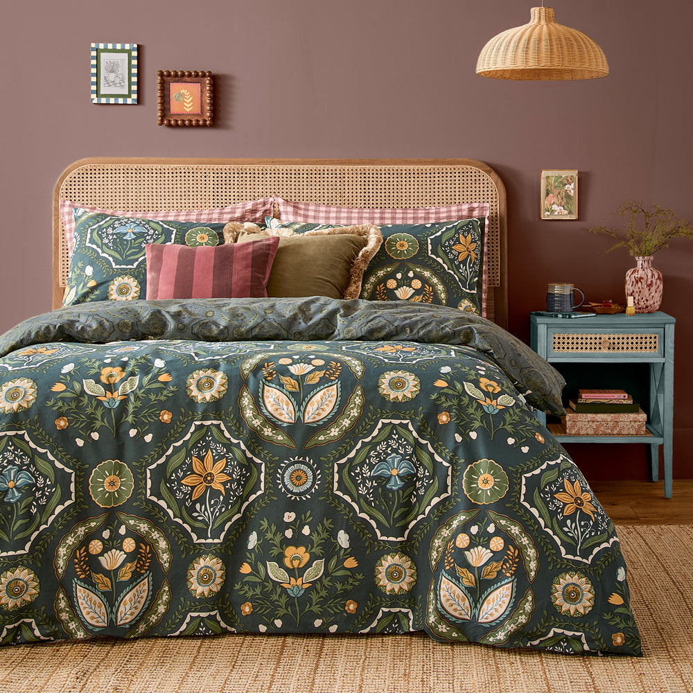 Floral Green Bedding - Ember Reversible Duvet Cover Set Midnight Green Furn