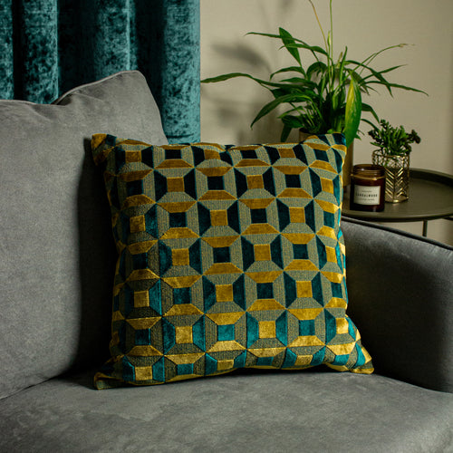 Geometric Green Cushions - Empire Velvet Jacquard Cushion Cover Teal/Gold Paoletti