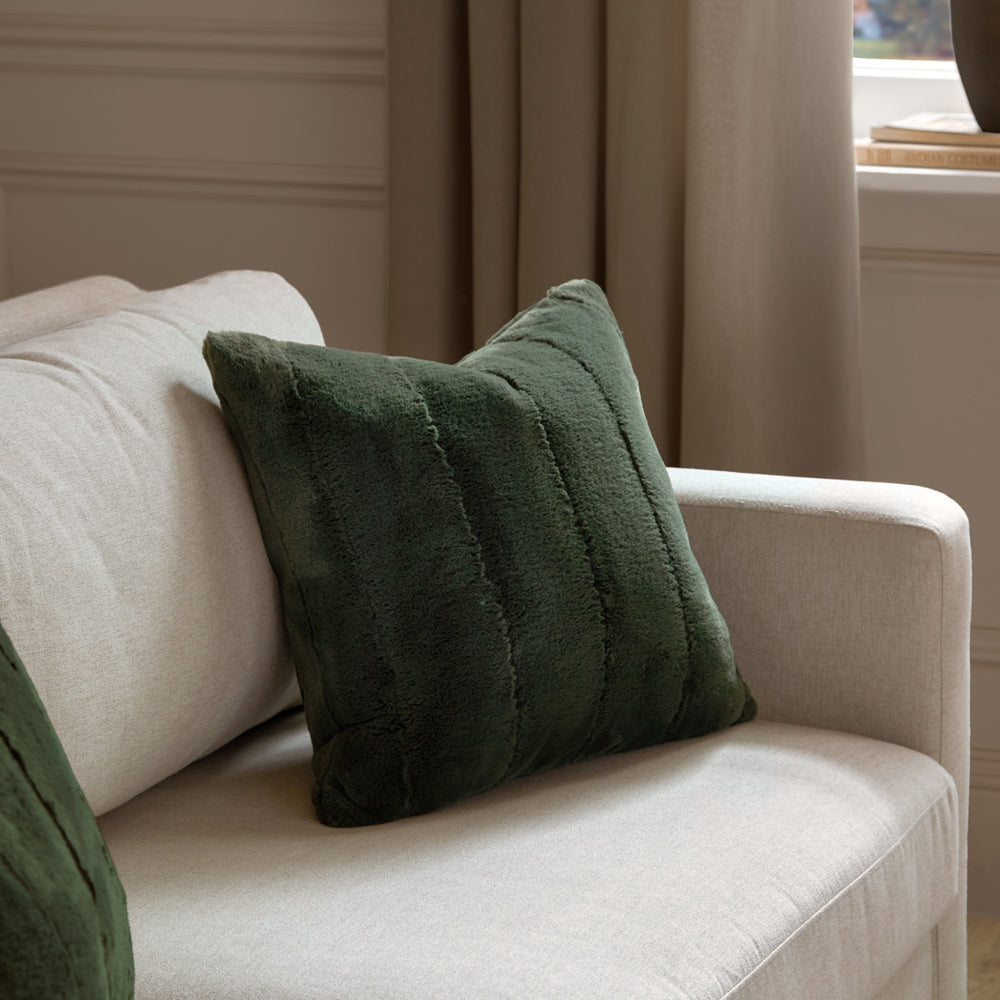 Empress Green Faux Fur Cushion Cover | Pine Cushions | Paoletti