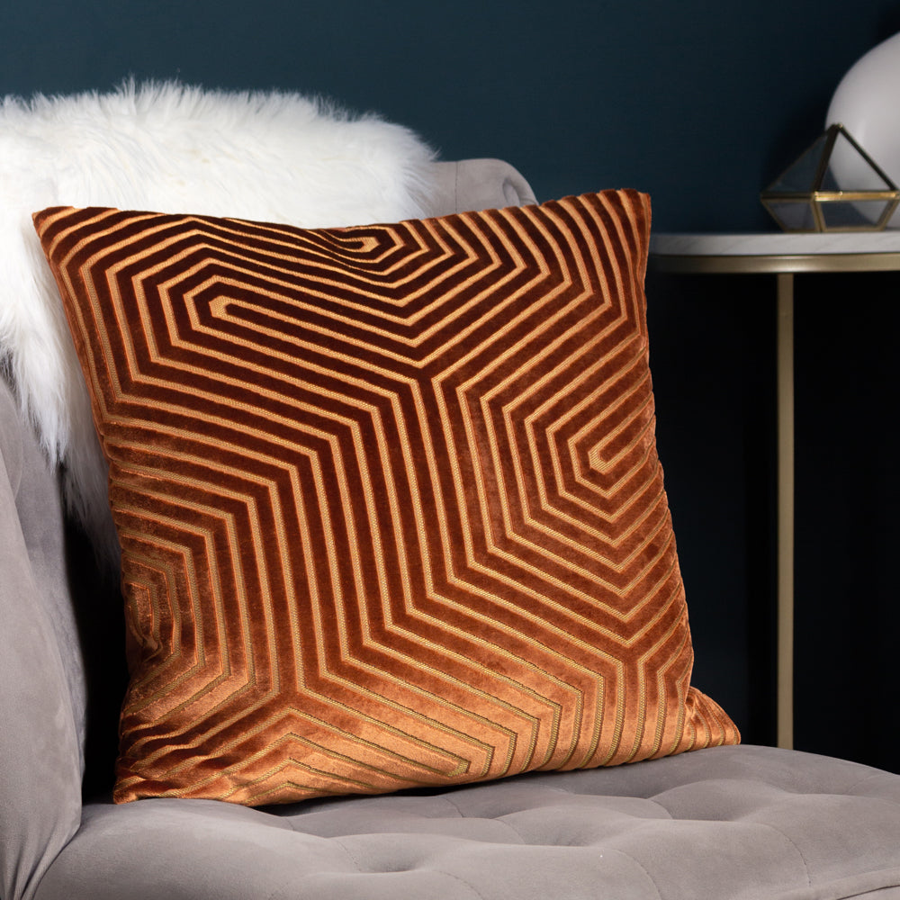 Evoke Orange Cut Velvet Cushion Cover Brick Cushions Paoletti furn