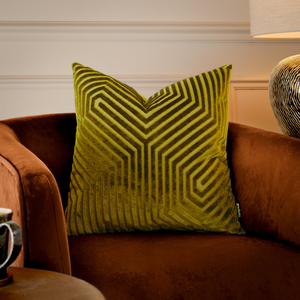 Geometric Green Cushions  - Evoke Cut Velvet Cushion Cover Olive Paoletti