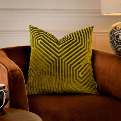 Geometric Green Cushions  - Evoke Cut Velvet Cushion Cover Olive Paoletti