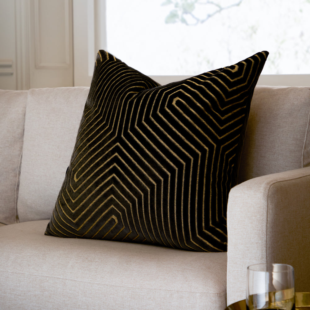 Geometric Black Cushions  - Evoke Cut Velvet Cushion Cover Black Paoletti