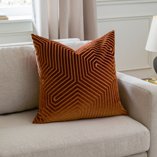 Geometric Orange Cushions  - Evoke Cut Velvet Cushion Cover Brick Paoletti