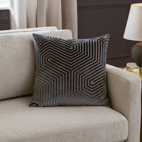 Geometric Grey Cushions  - Evoke Cut Velvet Cushion Cover Charcoal Paoletti