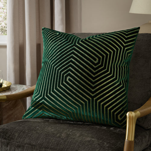 Geometric Green Cushions  - Evoke Cut Velvet Cushion Cover Emerald Paoletti