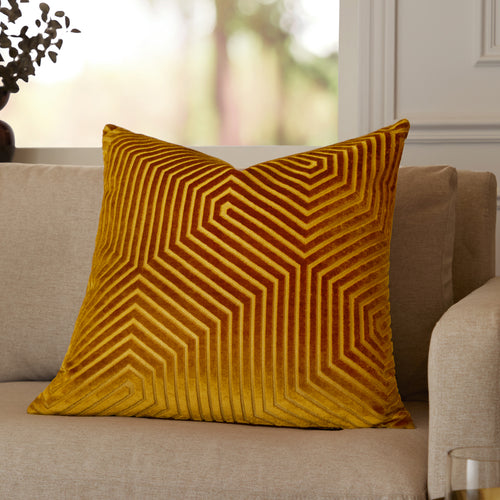 Geometric Yellow Cushions  - Evoke Cut Velvet Cushion Cover Gold Paoletti