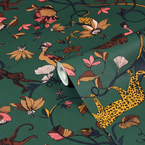 Animal Green Wallpaper - Exotic Wildlings  Wallpaper Juniper Green furn.