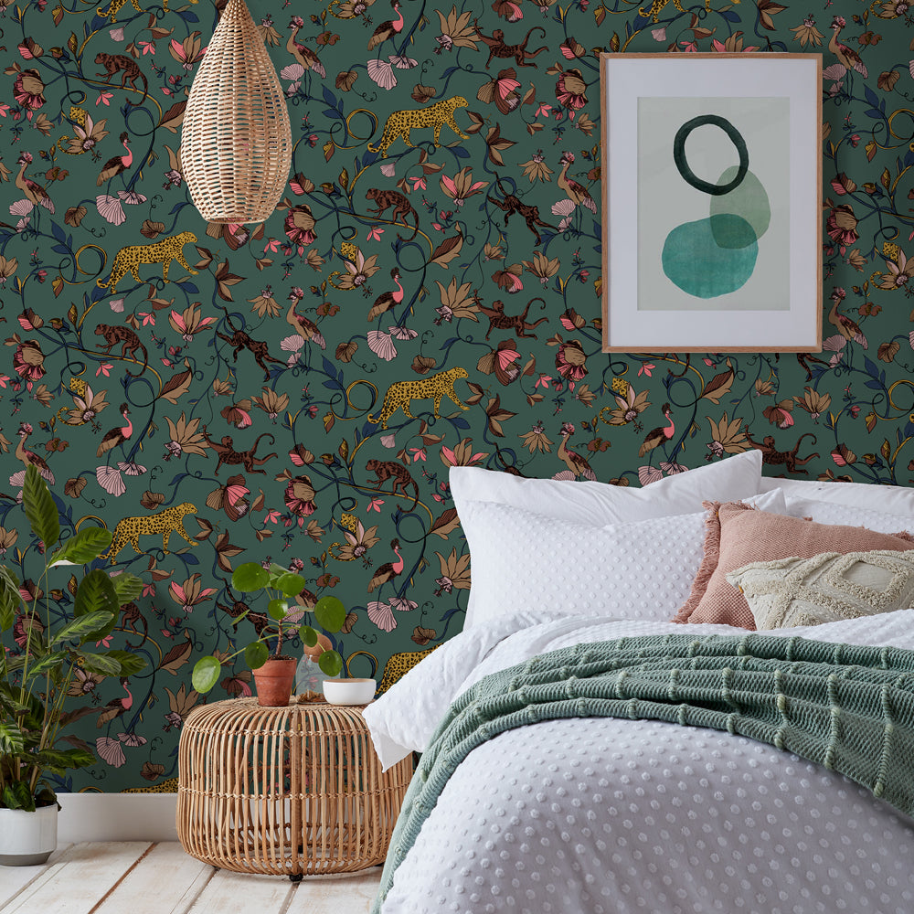 Exotic Wildlings Wallpaper Sample Juniper Green