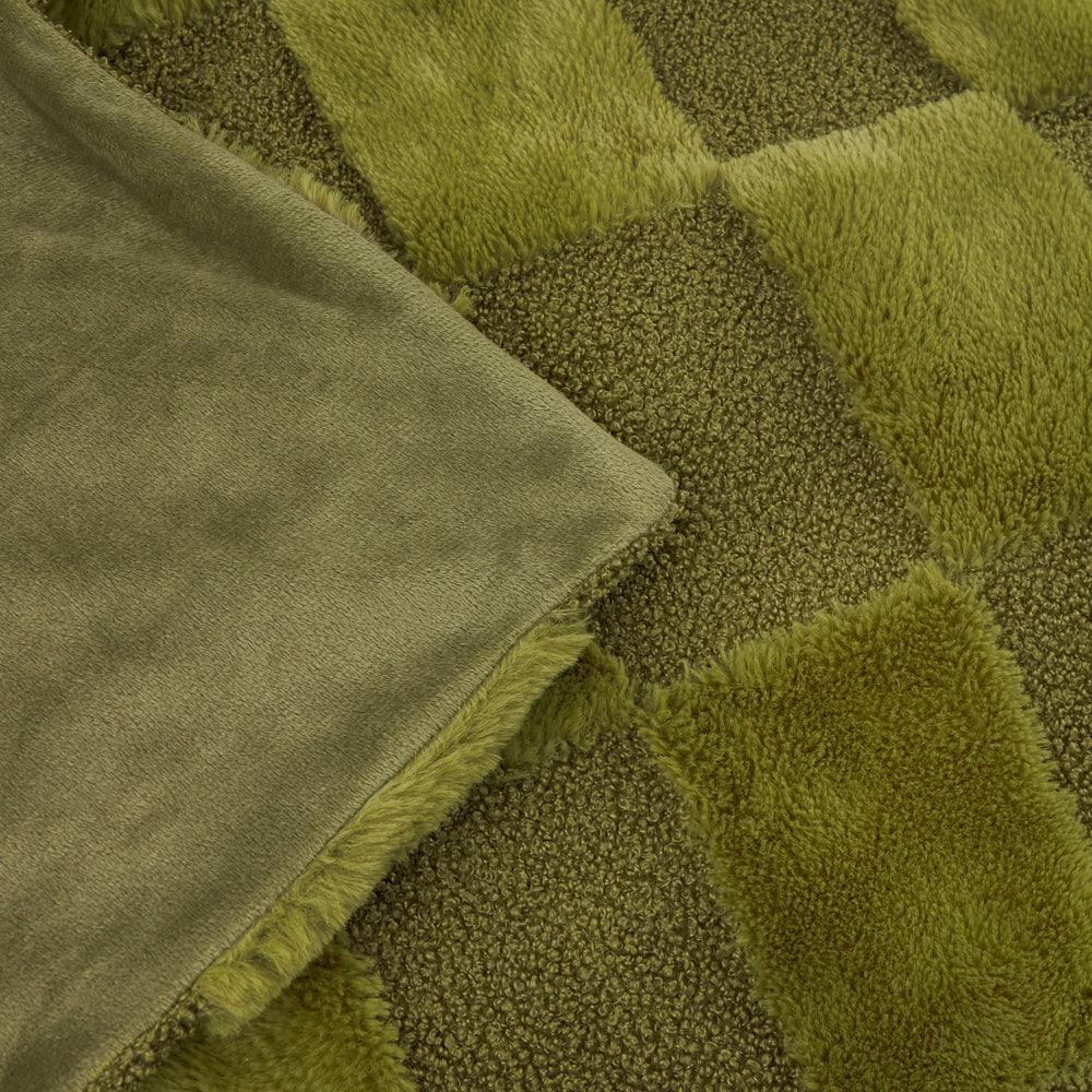 Fur Boucle Check Throw Olive