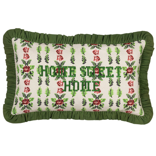 Floral Green Cushions - Feeoni Home Sweet Home Embroidered Cotton Cushion Cover Willow Green furn. 