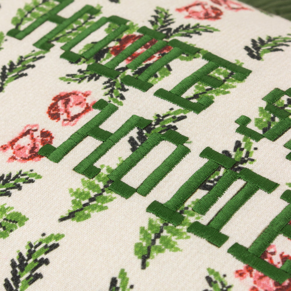Feeoni Home Sweet Home Embroidered Cotton Cushion Willow Green