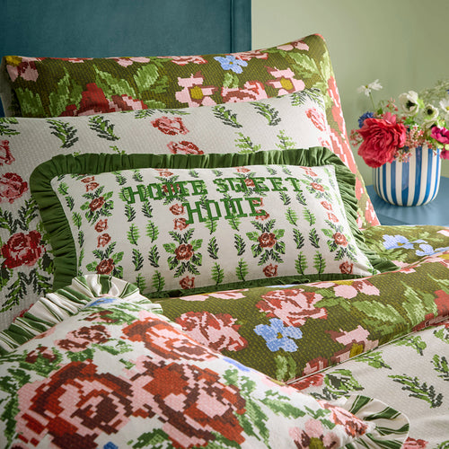 Floral Green Cushions - Feeoni Home Sweet Home Embroidered Cotton Cushion Cover Willow Green furn. 