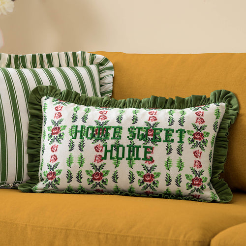 Floral Green Cushions - Feeoni Home Sweet Home Embroidered Cotton Cushion Cover Willow Green furn. 