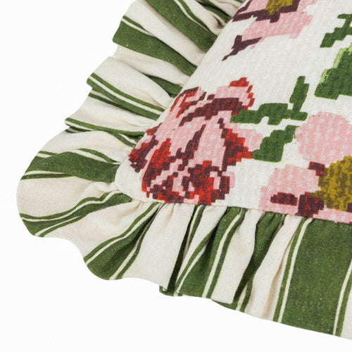 Floral Green Cushions - Feeoni Ruffled Cotton Cushion Cover Willow Green furn.