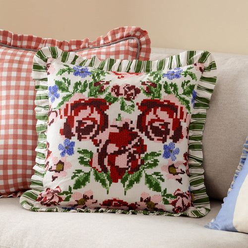 Floral Green Cushions - Feeoni Ruffled Cotton Cushion Cover Willow Green furn.