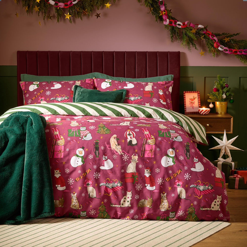 Striped Pink Bedding - Feline Festive Reversible Christmas Duvet Cover Set Purrgundy Furn