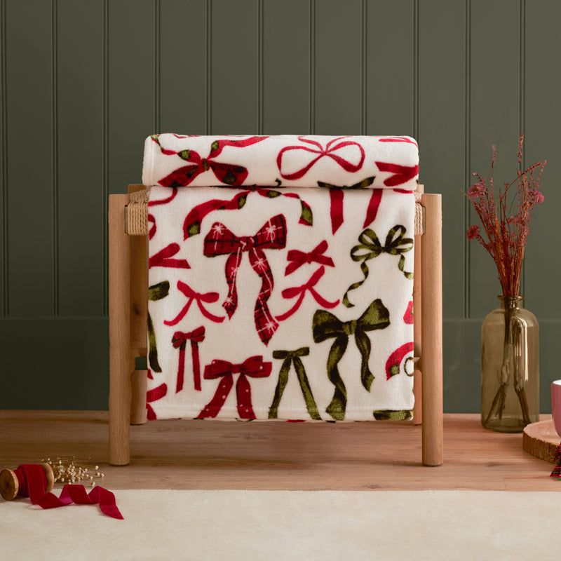  Red Throws  - Nathalie Festive Bows Printed Fleece Throw Berry/Pine Furn