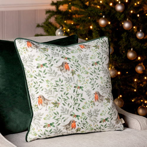 Animal White Cushions - Festive Robin Repeat Cushion Cover Bottle Evans Lichfield