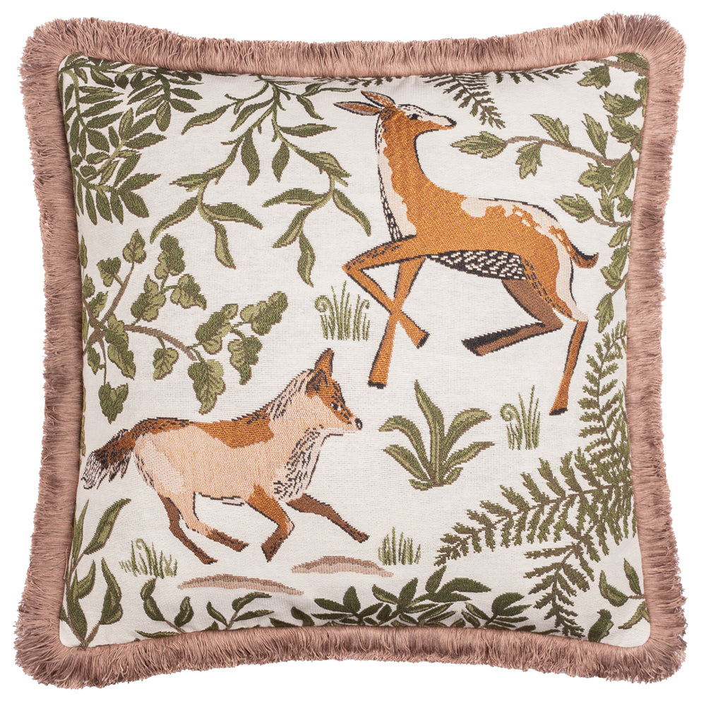 Fable Fox and Deer Embroidered Cushion Willow Green