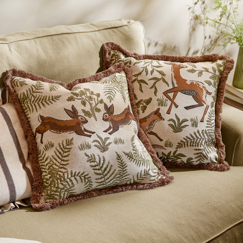 Fable Fox and Deer Embroidered Cushion Willow Green