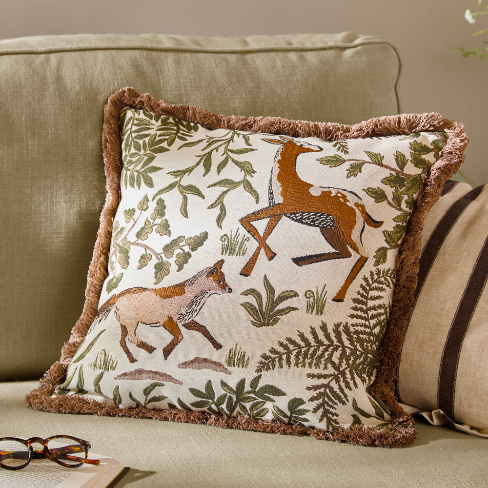Fable Fox and Deer Embroidered Cushion Willow Green