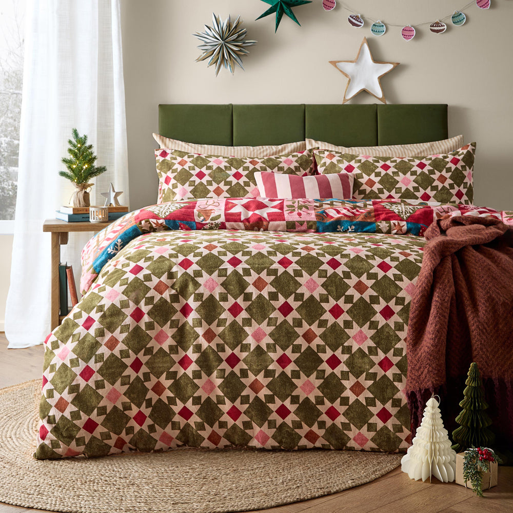 Fika Reversible Festive Brushed Cotton Duvet Cover Set Multicolour