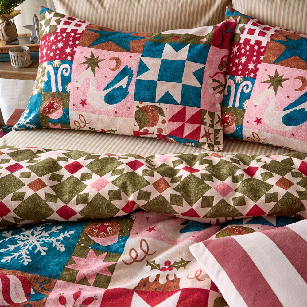 Fika Reversible Festive Brushed Cotton Duvet Cover Set Multicolour