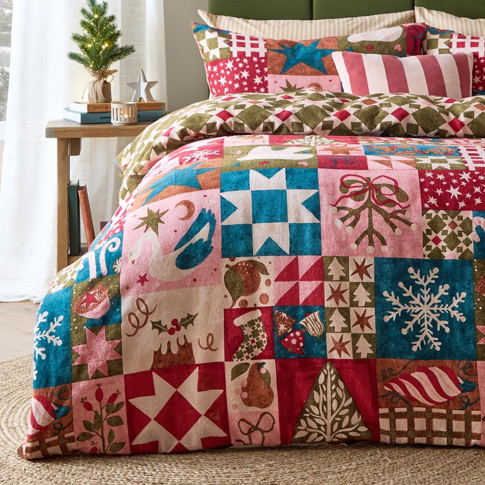 Fika Reversible Festive Brushed Cotton Duvet Cover Set Multicolour