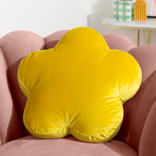 Plain Yellow Cushions - Flower Velvet Reversible Ready Filled Cushion Yellow heya home