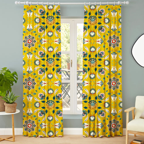 Floral Yellow M2M - Folk Flora Ochre Floral Made to Measure Curtains furn.