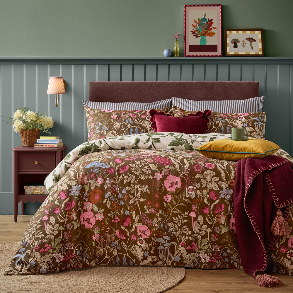 Floral Brown Bedding - Forest Bloom Reversible Duvet Cover Set Chocolate Furn