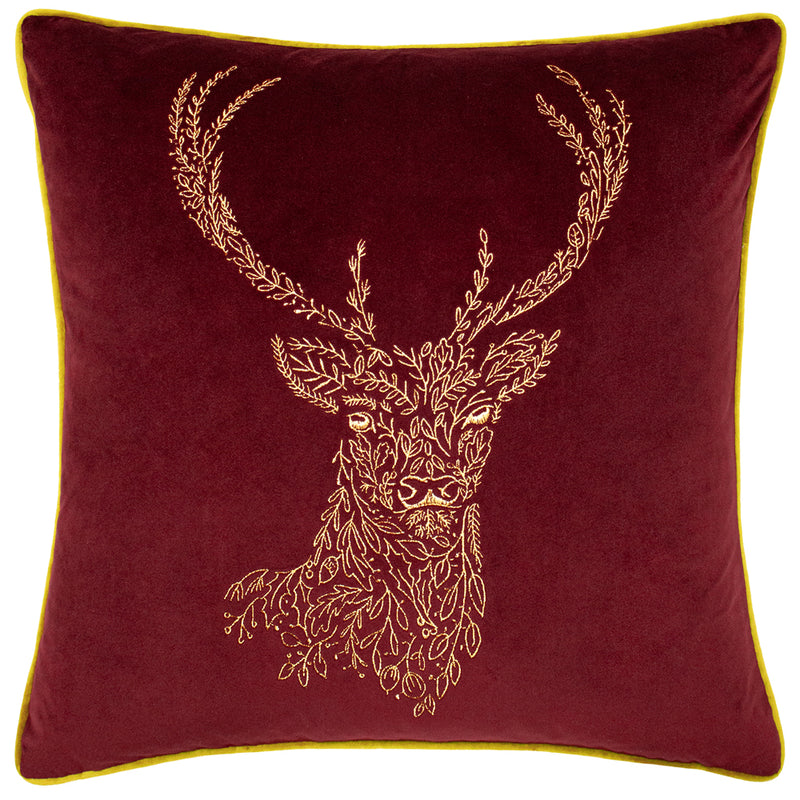 Animal Red Cushions - Forest Fauna Woodland Stag Square Cushion Cover Burgundy/Gold furn.