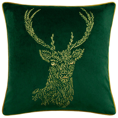 Animal Green Cushions - Forest Fauna Stag Velvet Piped Cushion Cover Emerald/Gold furn.