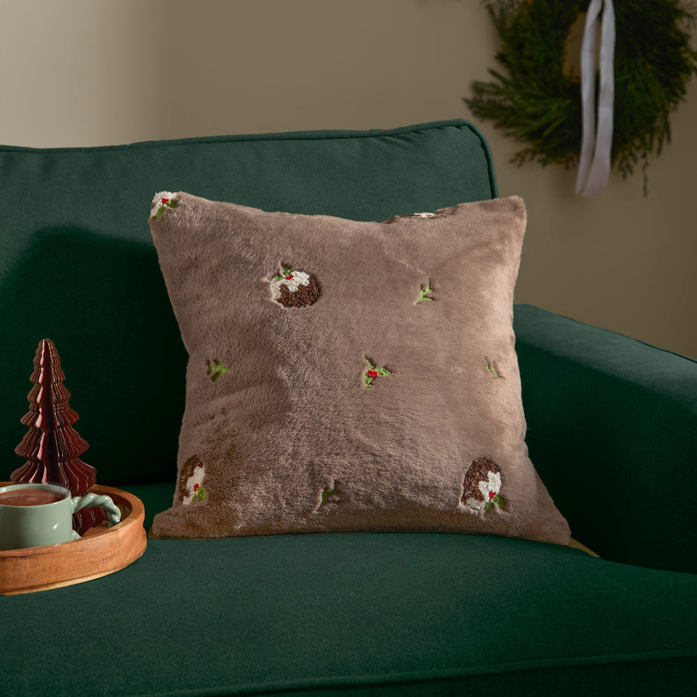  Brown Cushions - Festive Puddings Faux Fur Cushion Cover Mocha Furn