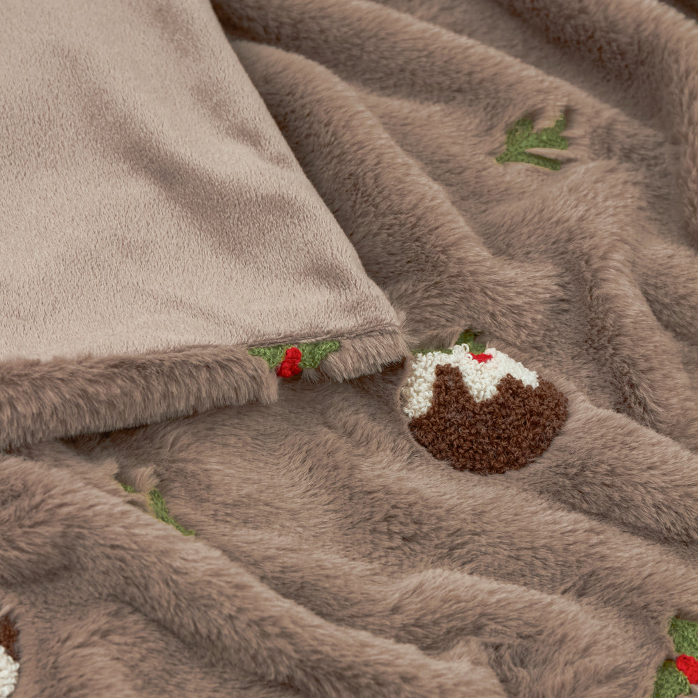 Festive Puddings Faux Fur Throw Mocha
