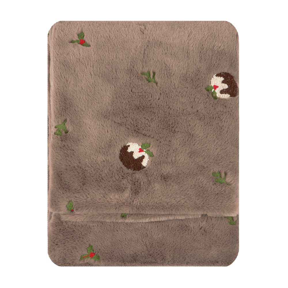 Festive Puddings Faux Fur Throw Mocha