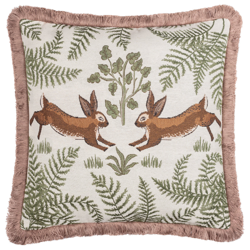 Fable Rabbits Embroidered 100% Cotton Cushion Willow Green