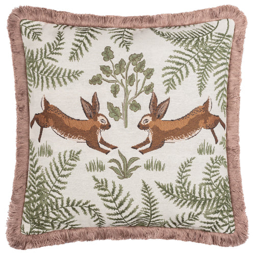 Woodland Green Cushions - Fable Rabbits Embroidered 100% Cotton Feather Filled Cushion Willow Green Wylder