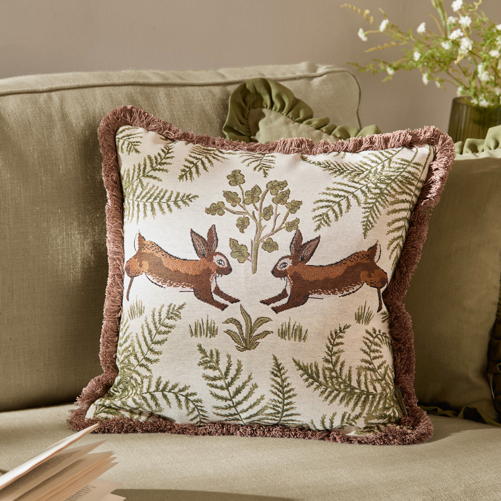 Fable Rabbits Embroidered 100% Cotton Cushion Willow Green