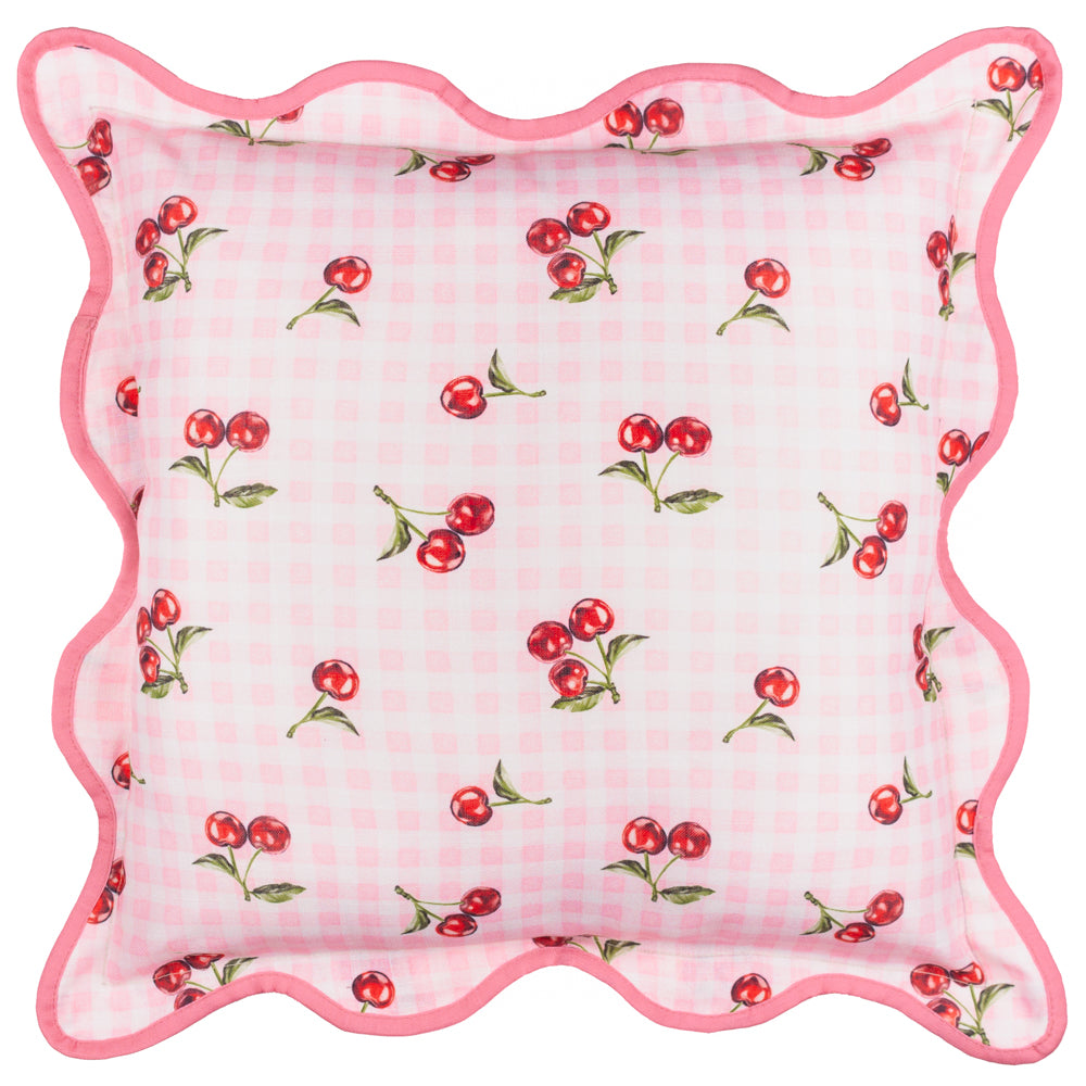 Fruits Cherries Gingham Check Outdoor Cushion Pink