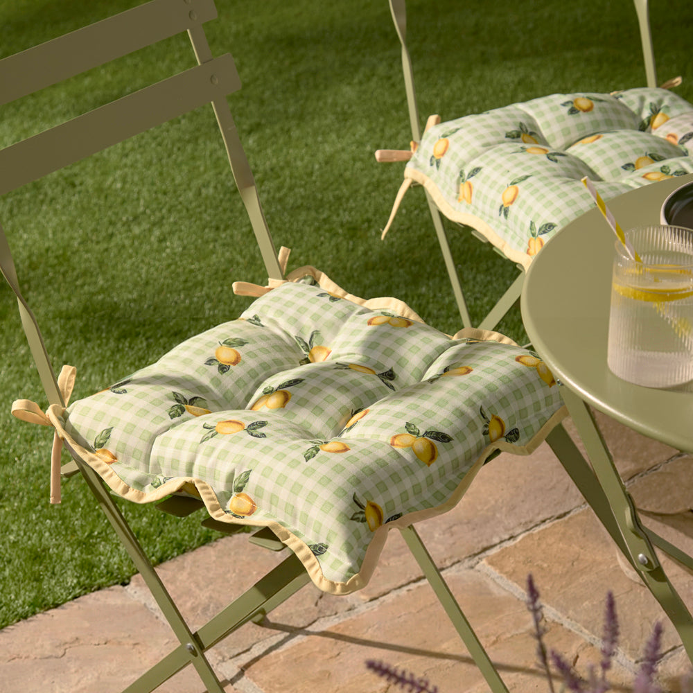 Check Green Cushions - Fruits Lemons Gingham Check Indoor/Outdoor Seat Pads Sage Furn