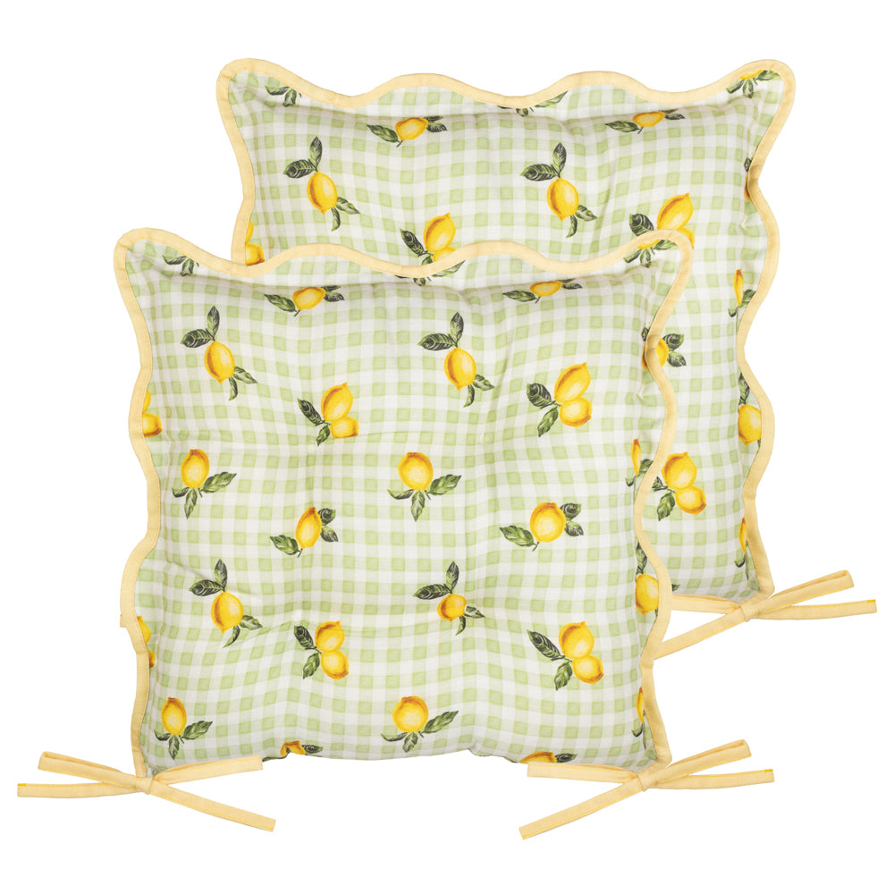 Fruits Lemons Gingham Check Indoor/Outdoor Seat Pads Sage