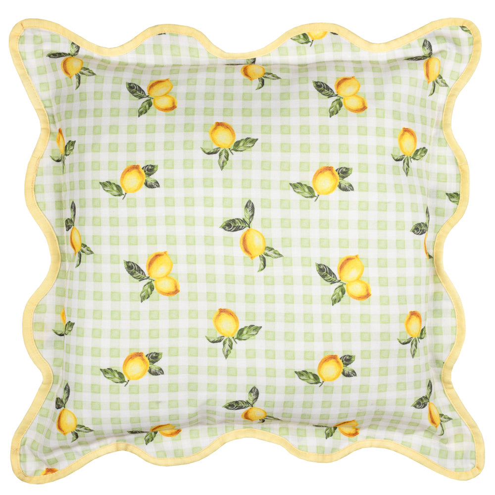 Fruits Lemons Gingham Check Outdoor Cushion Sage